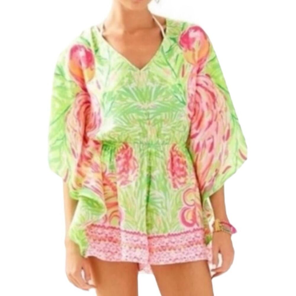 Lilly Pulitzer Mai Romper - Tiki Pink Flamingo - Size Medium - Kimono Jumpsuit - Picture 8 of 10